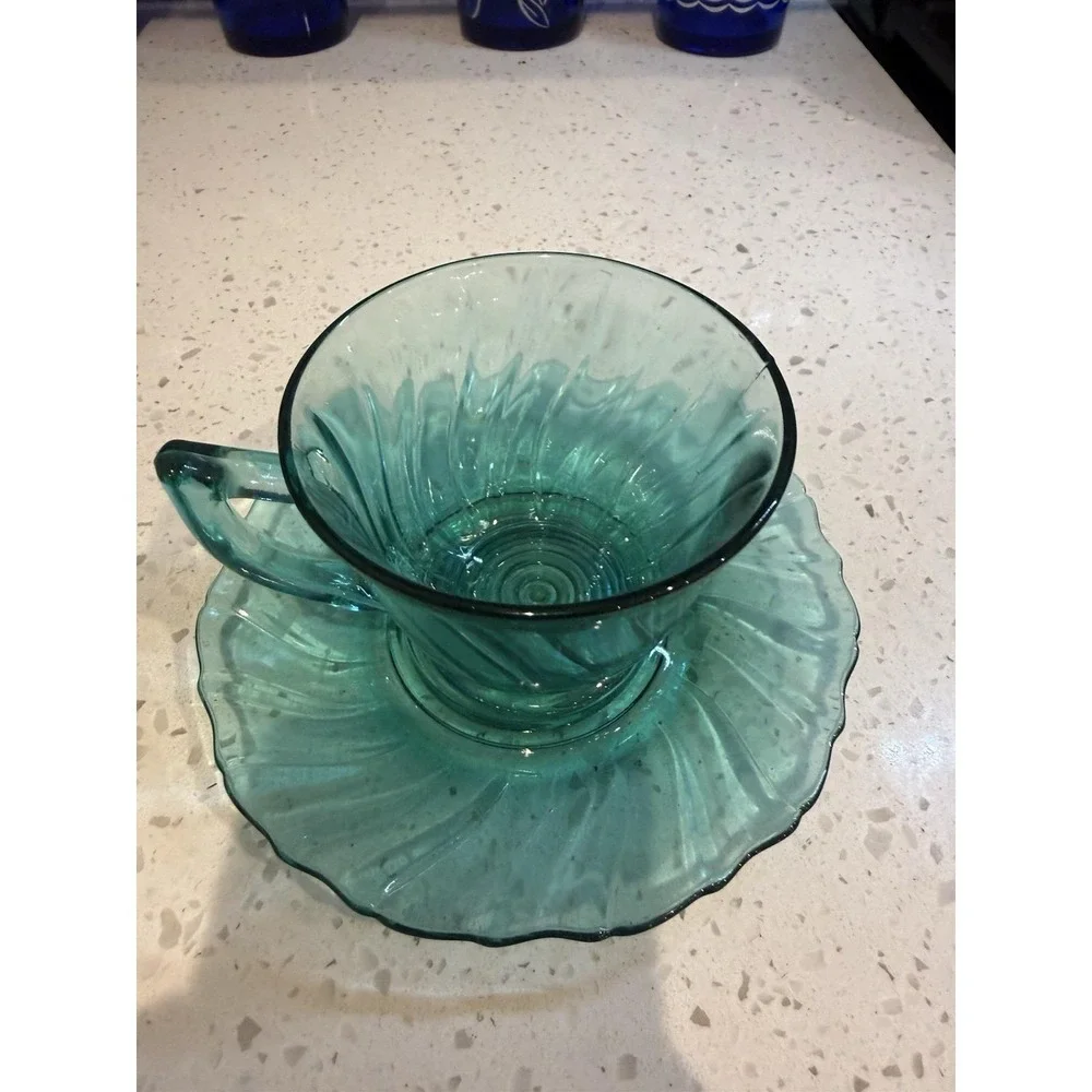 Jeannette Swirl Ultramarine Teal Tea Cup And Saucer Mid Century Depression Glass